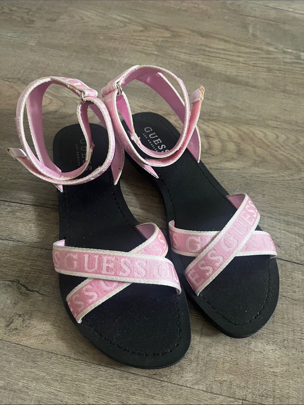Guess Pink Logo Ankle-Strap Sandals with Black Footbed